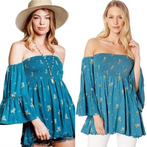 Nwt Free People Lana Off Shoulder Mermaid Tunic Blue Size Small Bell Sleeve Boho - Picture 2 of 8